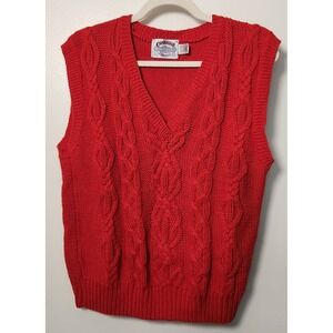 Vtg Cambridge Dry Goods Women's Medium Red Cable Knit Sweater Vest V-Neck Chunky
